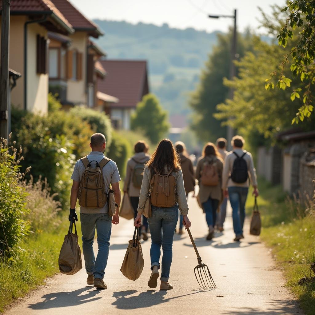Dobrovoľníci idú spolu na susedskú brigádu